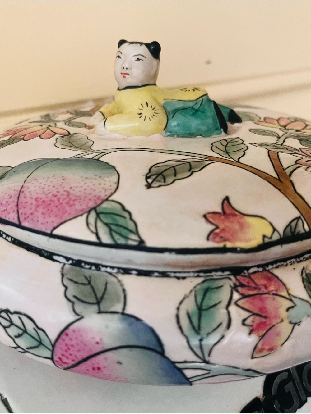 Hand-Painted Pink & Green Porcelain Lidded Jar with Figurine